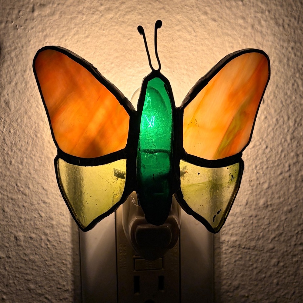 Vintage Stained Glass Butterfly Night Light Orange Yellow Green Slag Art Glass
